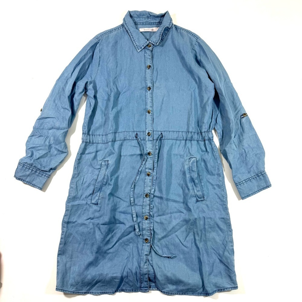 Billy T Long Sleeve Chambray Dress Roll Tab Sleeve Blue - Picture 2 of 7